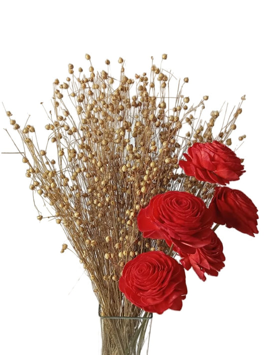Red Sola Wood Rose Bouquet with Dried Golden Seed Pod Stems