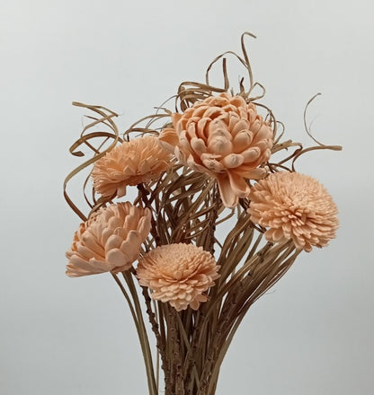 Peach Sola Wood Chrysanthemum & Button Bouquet with Curling Raffia Stems