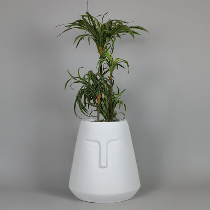 White vase-shaped planter with a plant on a gray background