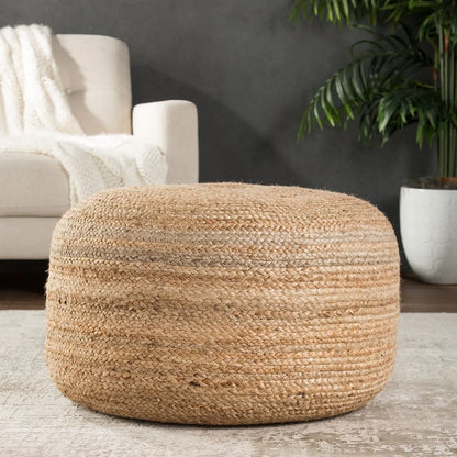 Handcrafted Beige Jute Wide Round Pouf Ottoman