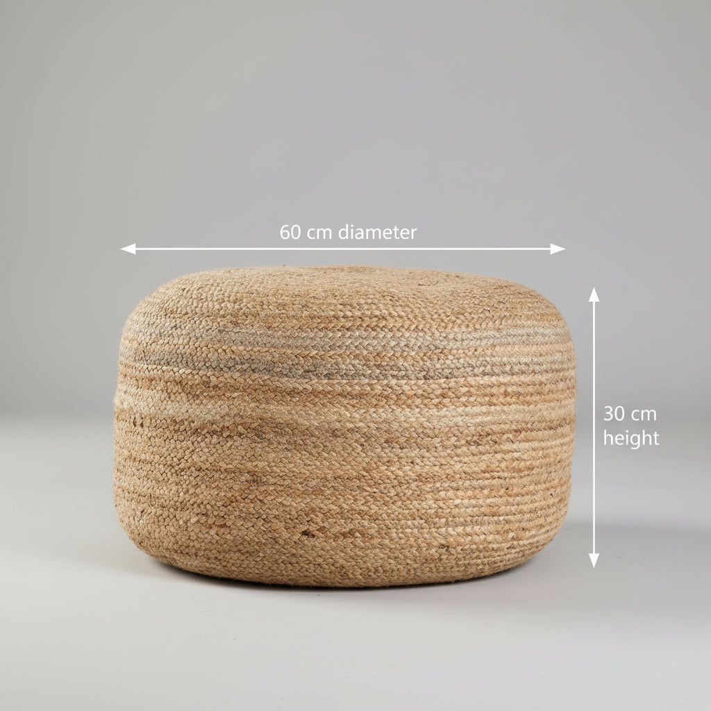 Handcrafted Beige Jute Wide Round Pouf Ottoman