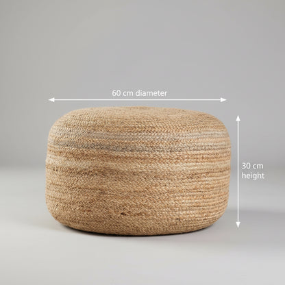 Handcrafted Beige Jute Wide Round Pouf Ottoman