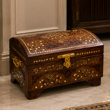 Handcrafted Sheesham Wood Treasure Chest Round Top II