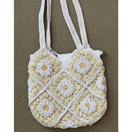 Cotton Flower Crochet Handbag for Women Yellow