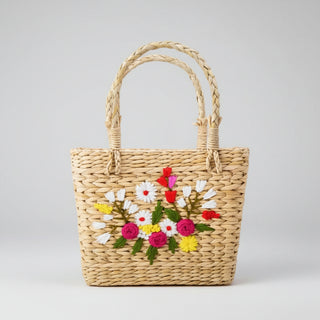 Handwoven Natural Fiber Tote Bag with Floral Embroidery