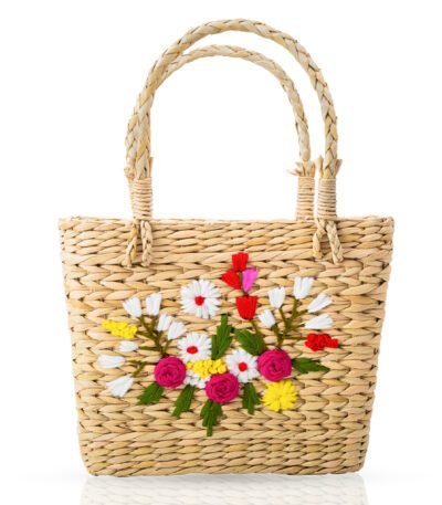 Handwoven Natural Fiber Tote Bag with Floral Embroidery