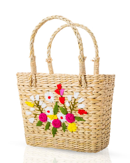 Handwoven Natural Fiber Tote Bag with Floral Embroidery