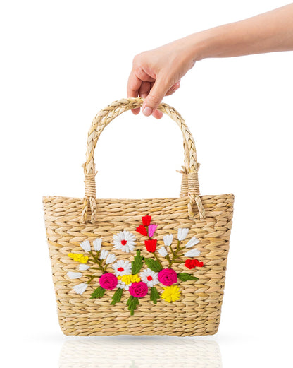 Handwoven Natural Fiber Tote Bag with Floral Embroidery