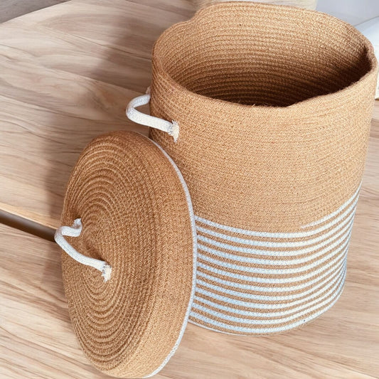 Oval Jute Rope Laundry Basket Hamper – Tall Woven Storage Basket for Clothes (14×18 inch)