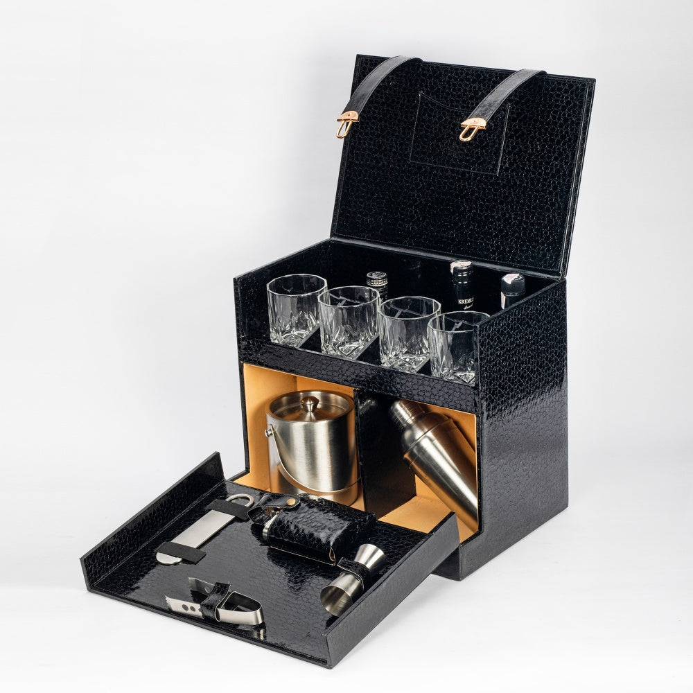Abrazo Luxury Black Wooden Home Bar Set | 9-Piece Professional Mixology Kit