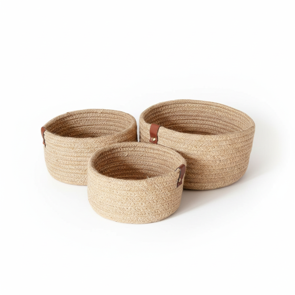 Multipurpose Jute Round Basket Set – Pack of 3 Storage/Shelf Baskets (8×4, 7×3.5, 6×3 inch)