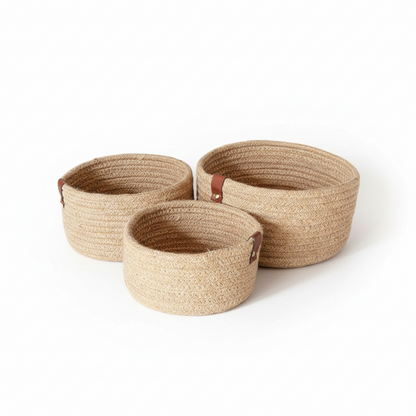 Multipurpose Jute Round Basket Set – Pack of 3 Storage/Shelf Baskets (8×4, 7×3.5, 6×3 inch)