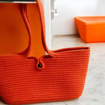 Wannabe Solid Cotton Tote Bag – Women’s Double Handle Shoulder Bag with Bead Lock