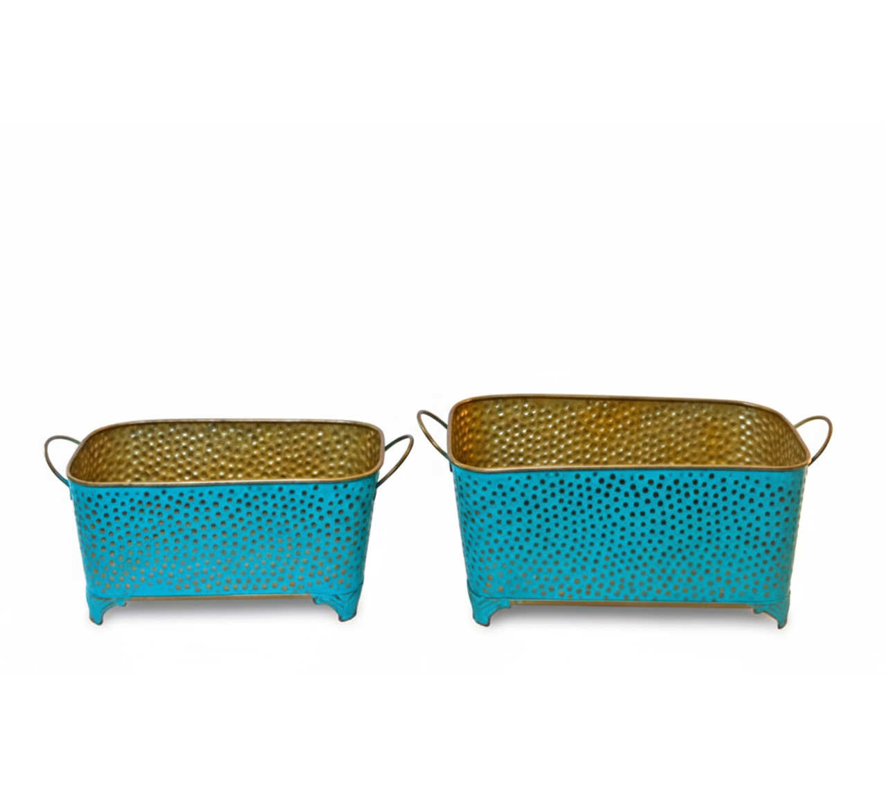Two rectangular metal baskets with turquoise bodies and gold perforated tops on a white background