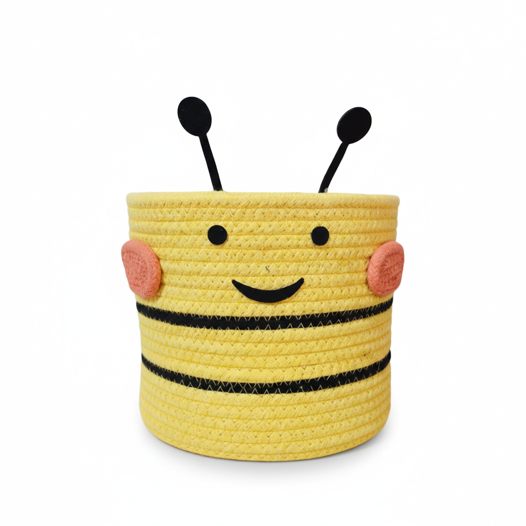Yellow bee-shaped basket with black stripes and pink cheeks on a white background