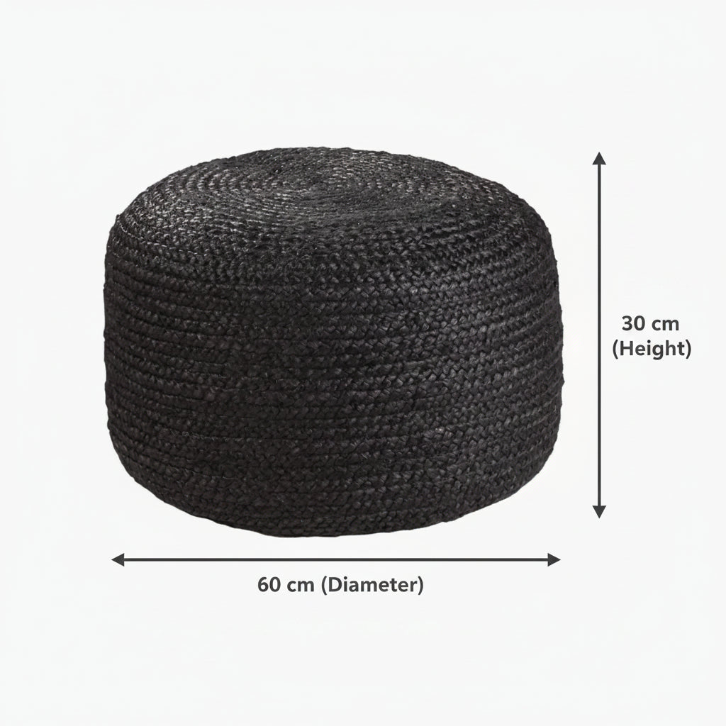 Handcrafted Black Jute Wide Round Pouf Ottoman