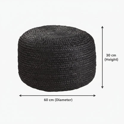 Handcrafted Black Jute Wide Round Pouf Ottoman