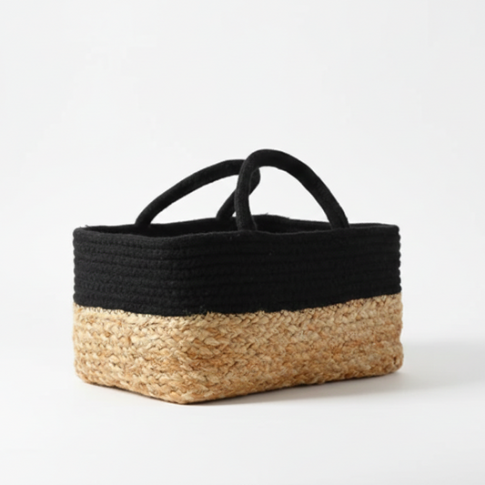 Multicolor Fabric Raffia Handmade Jute & Cotton Design Rectangular Basket.