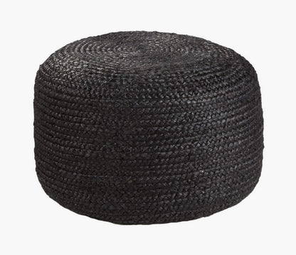 Handcrafted Black Jute Wide Round Pouf Ottoman