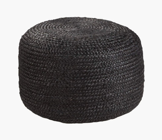 Handcrafted Black Jute Wide Round Pouf Ottoman