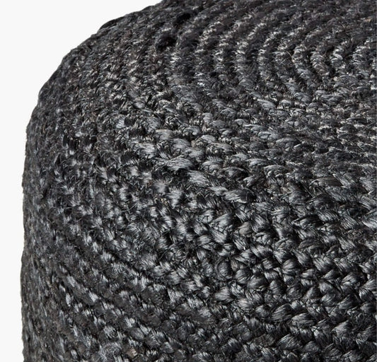 Handcrafted Black Jute Wide Round Pouf Ottoman