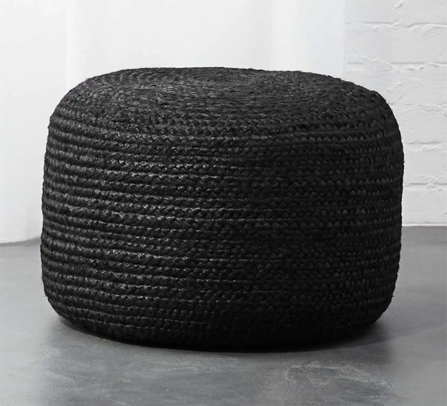 Handcrafted Black Jute Wide Round Pouf Ottoman