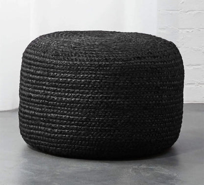 Handcrafted Black Jute Wide Round Pouf Ottoman