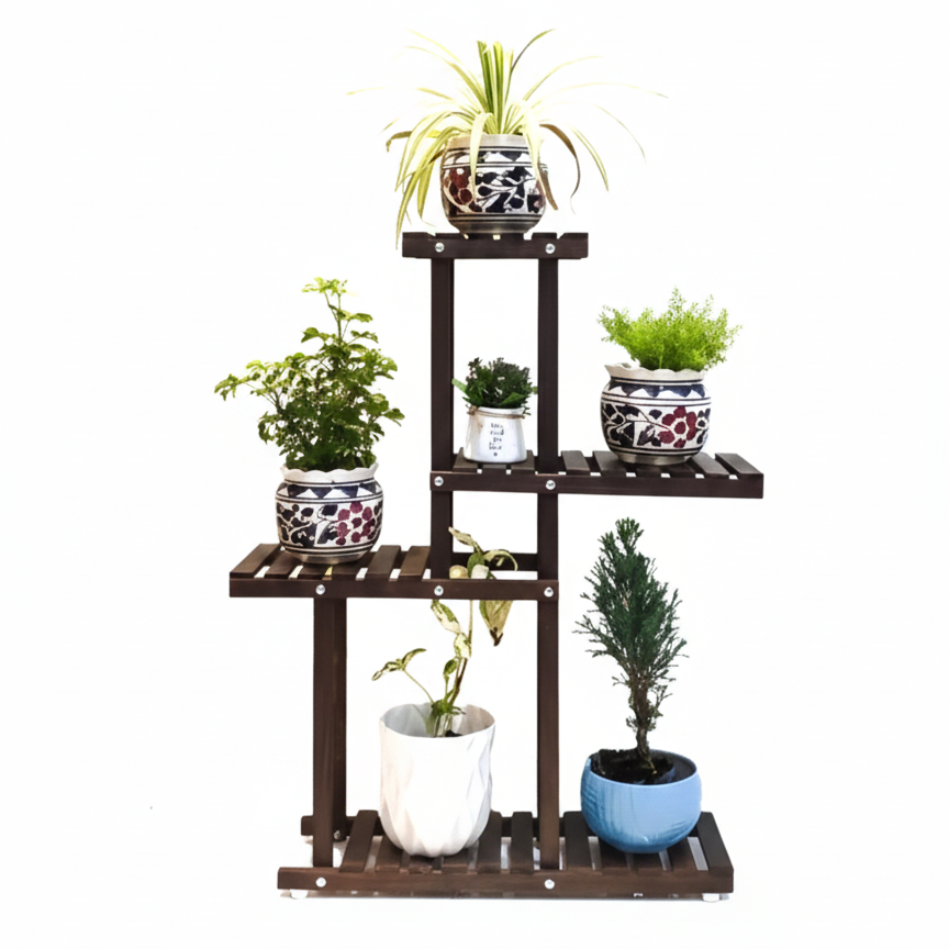 Brown Wooden Tiered Plant Stand – 5 Level Shelf Rack