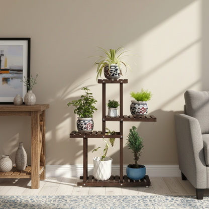 Brown Wooden Tiered Plant Stand – 5 Level Shelf Rack