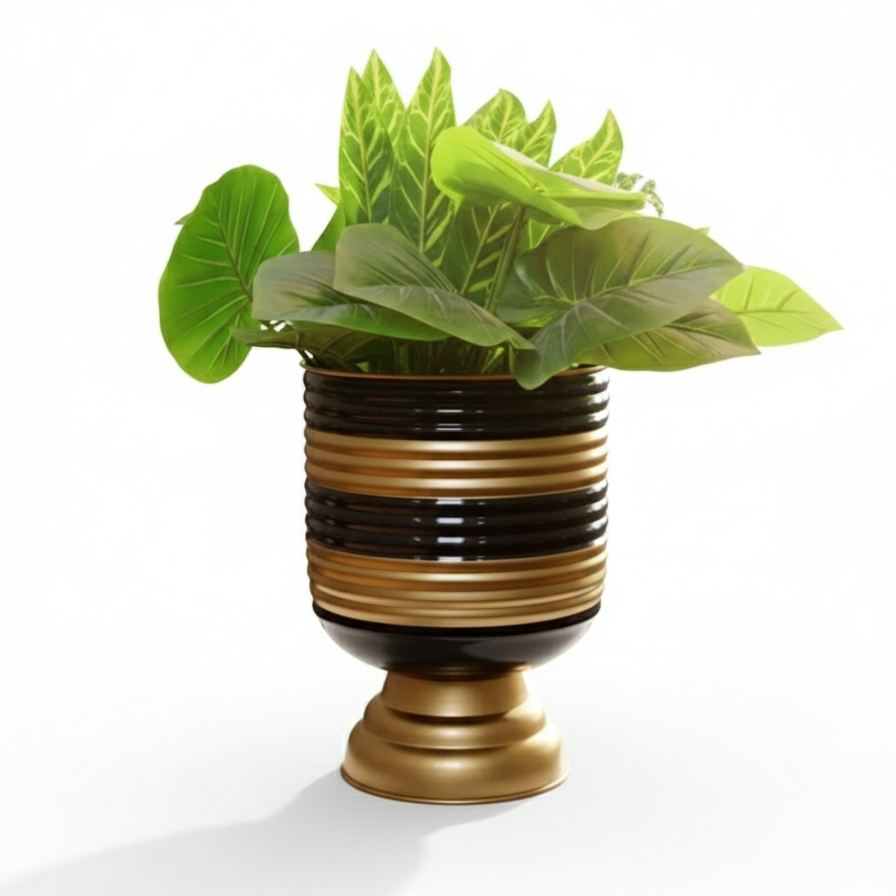 Decorative plant pot with a gold and black design on a white background