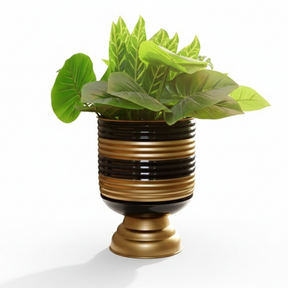 Decorative plant pot with a gold and black design on a white background