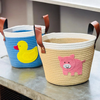 Multipurpose Round Cotton Basket with PU Leather Handles