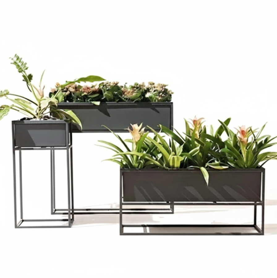 Set of black metal planters with plants on a white background