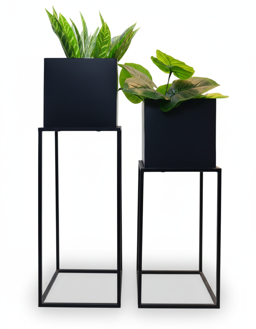 Two black planters with green plants on a white background