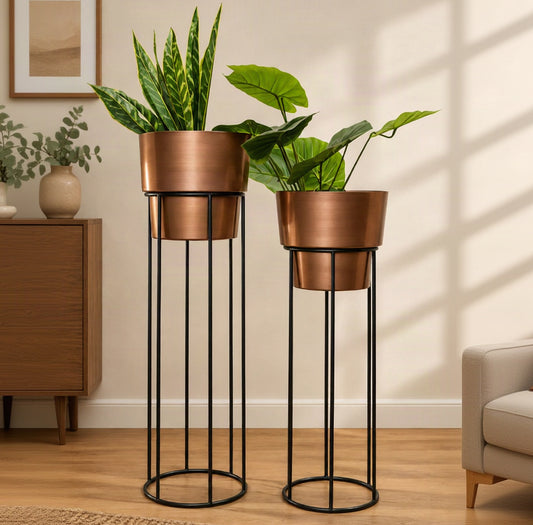 Glossy Gold Metal Pots with Black Iron Stands Set