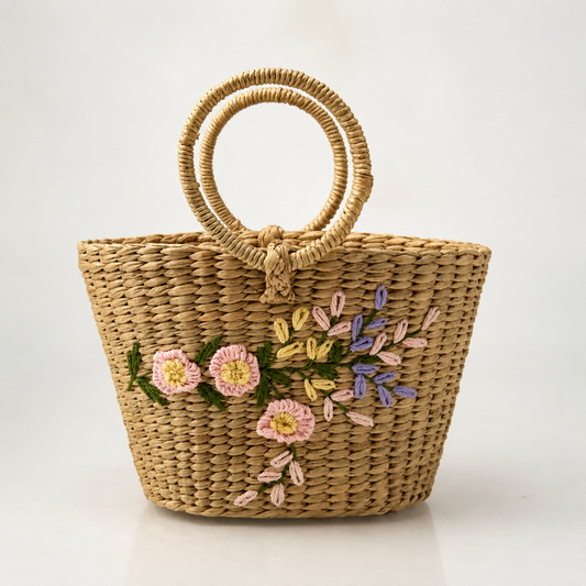 Oval Cane Handle Kauna Grass Bag with Embroidery