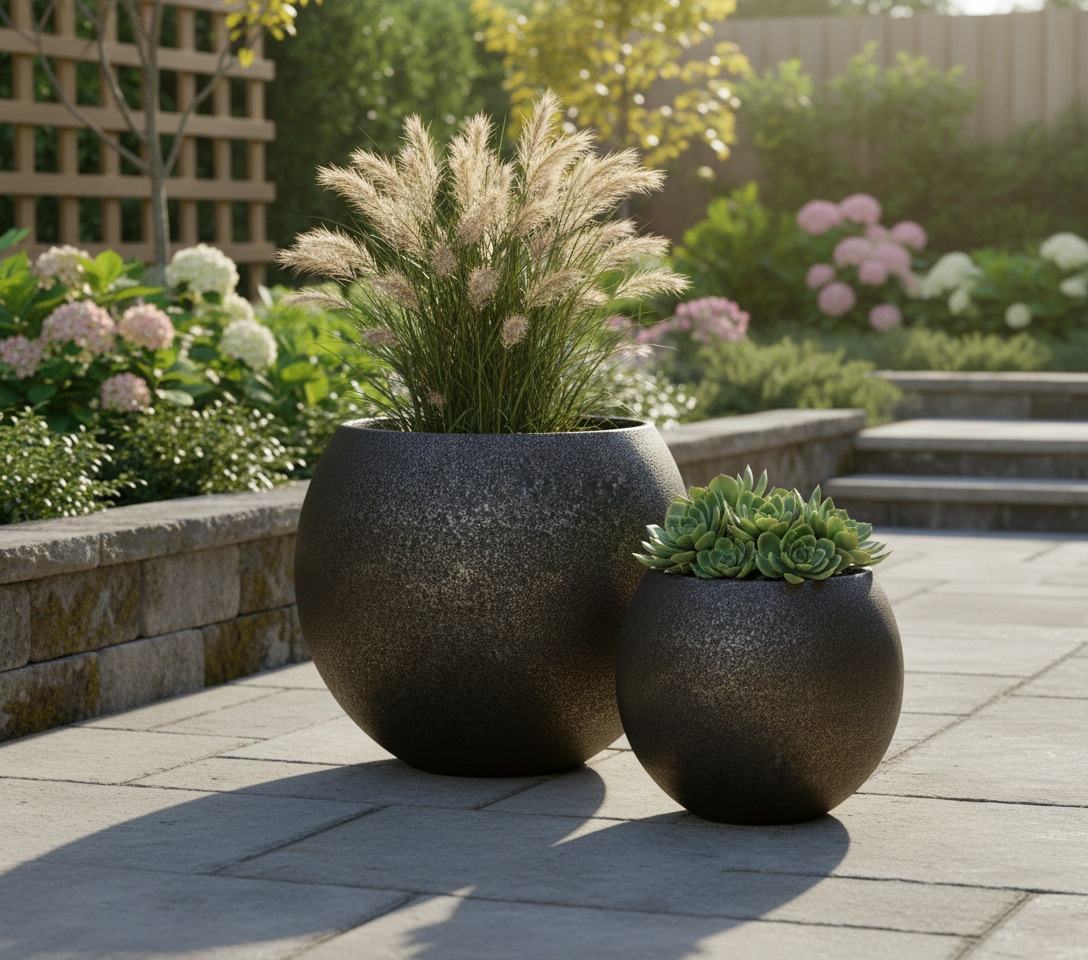 Ball Rustic Fiberglass Planter | Premium Lightweight Textured Weather
