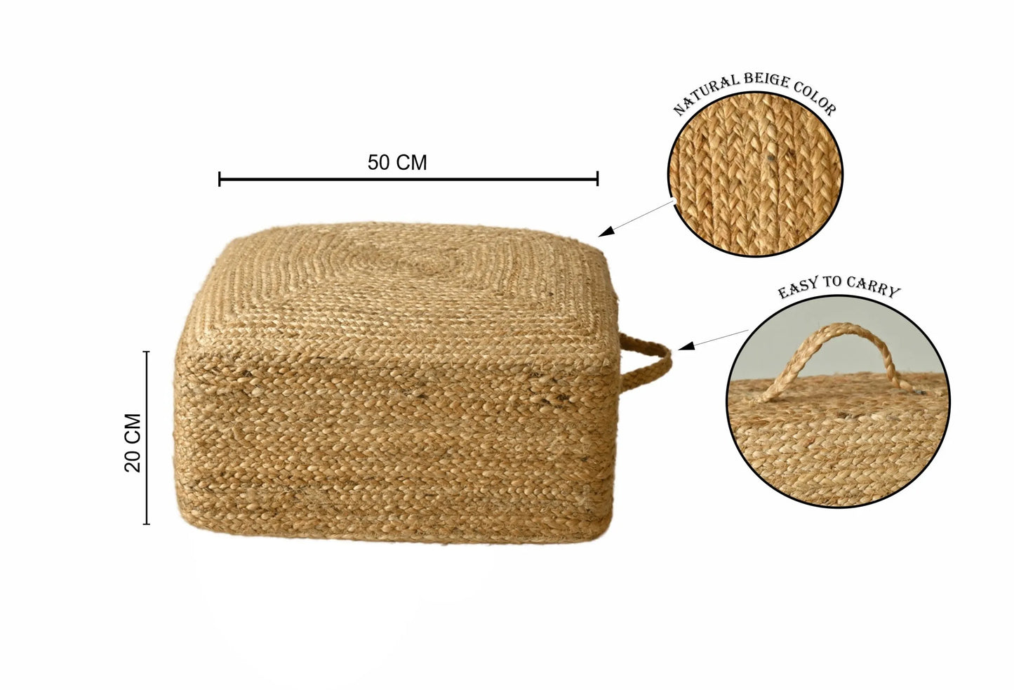 Handcrafted Square Natural Jute Floor Cushion Pouf