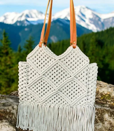 Handcrafted Cotton Macrame Tote Bag with Tassels & Leather Handles – Boho Chic