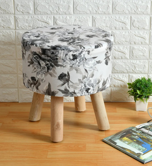 Monochrome Floral Pouffe Wooden Ottoman
