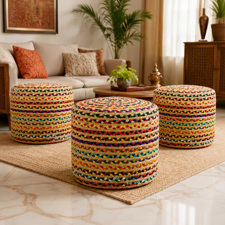 Handcrafted Multicolour Jute Pouffe