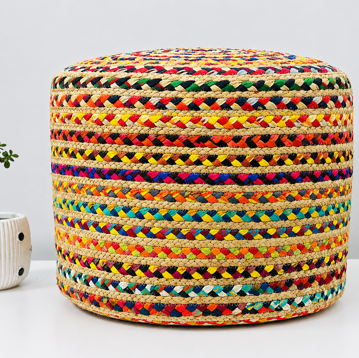 Handcrafted Multicolour Jute Pouffe