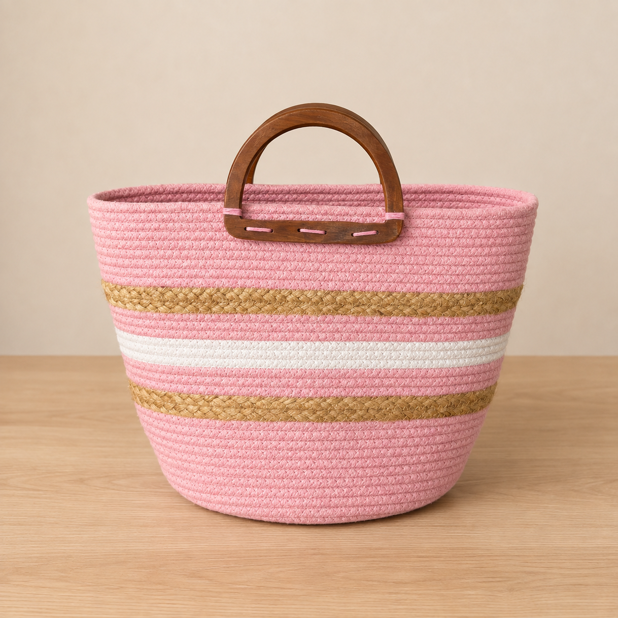 Handcrafted Jute & Cotton Tote Bag with Wooden Handles