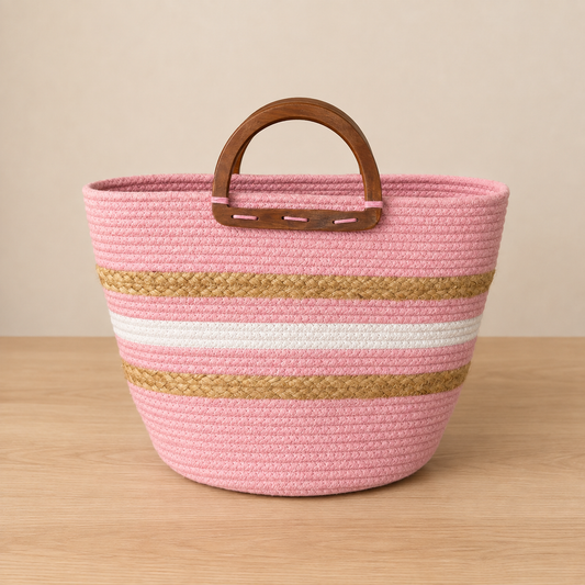 Handcrafted Jute & Cotton Tote Bag with Wooden Handles
