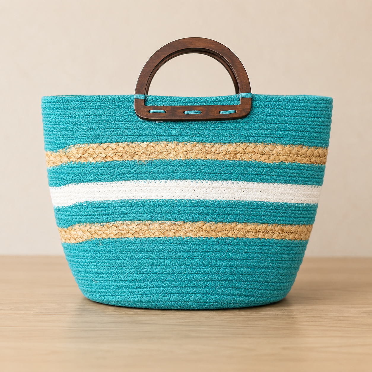 Handcrafted Jute & Cotton Tote Bag with Wooden Handles