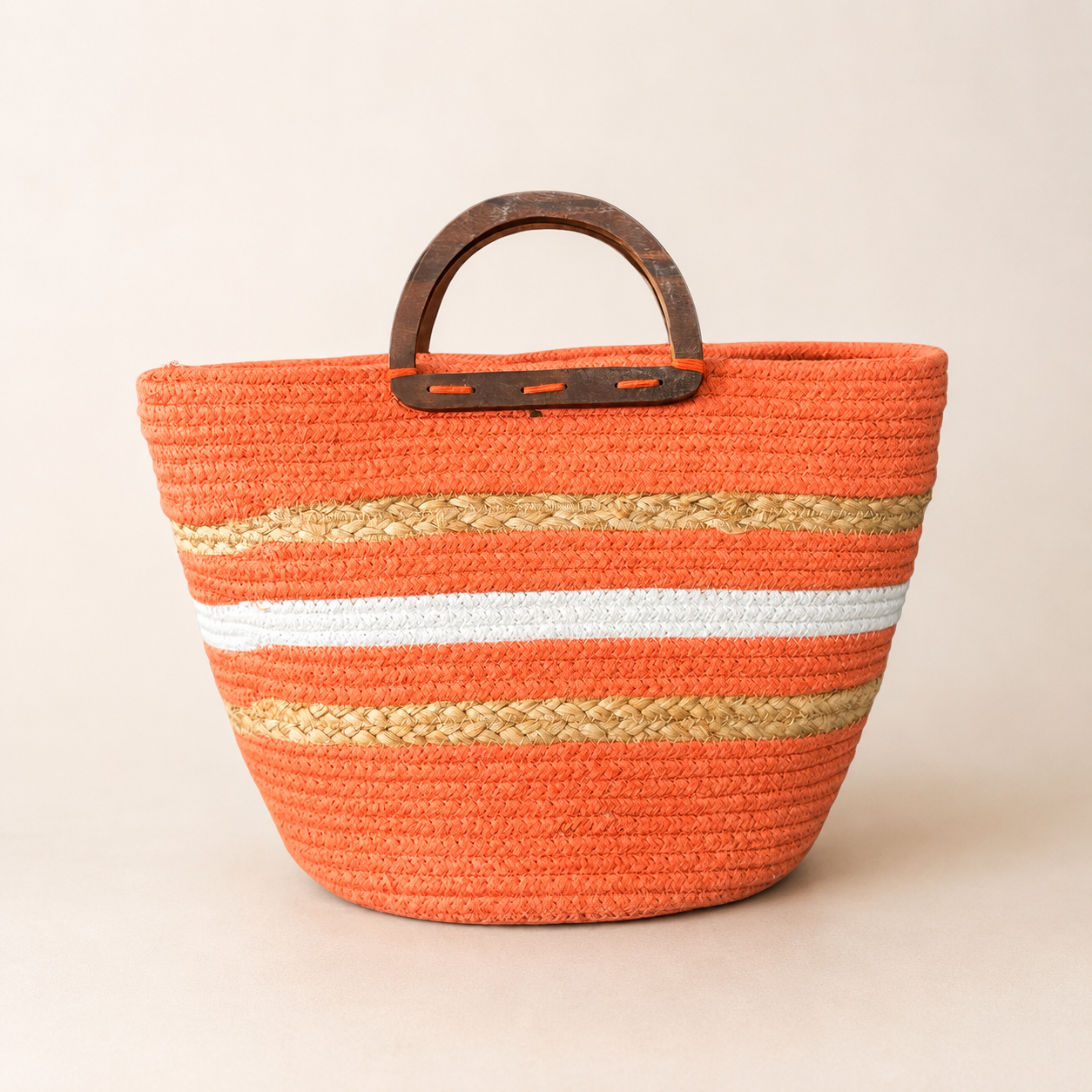 Handcrafted Jute & Cotton Tote Bag with Wooden Handles