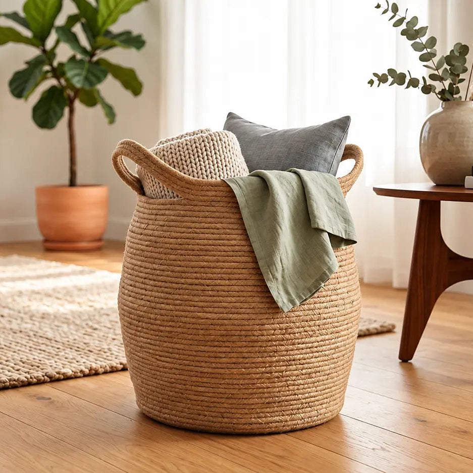 Handwoven Jute Laundry Basket with Handles