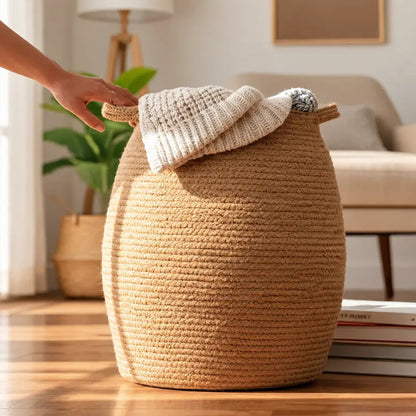 Handwoven Jute Laundry Basket with Handles