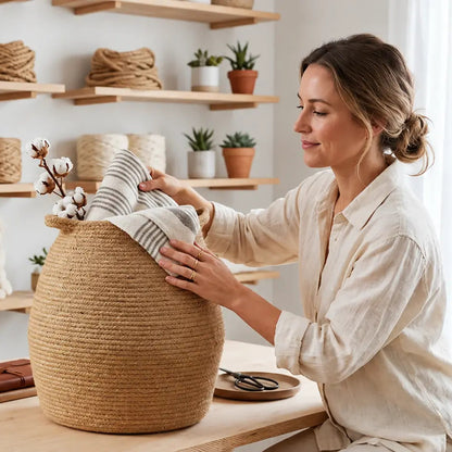 Handwoven Jute Laundry Basket with Handles