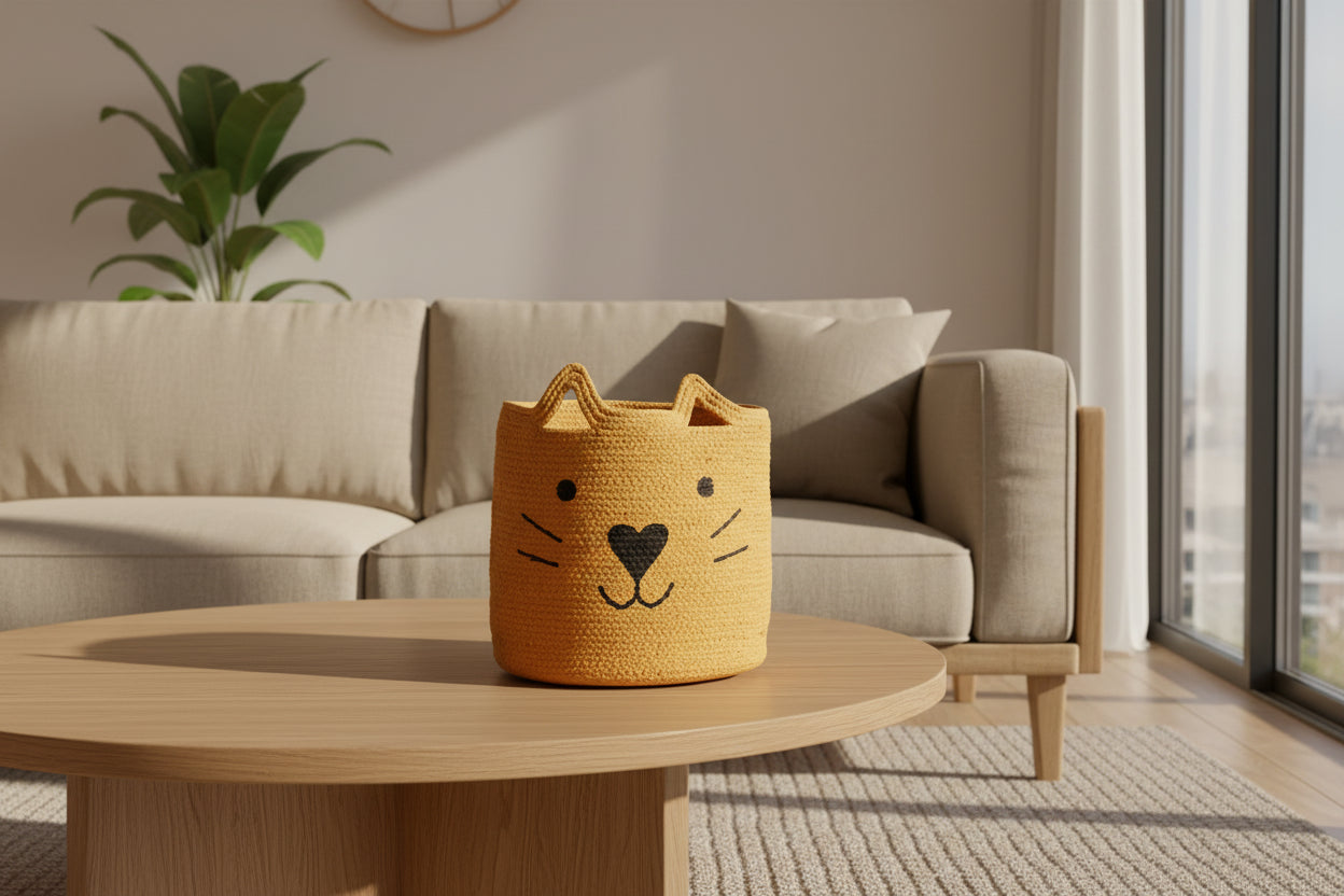 Jute Basket with Printed Cat